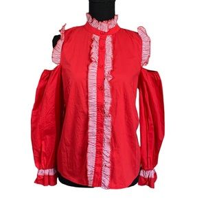 Muy Muy 💯% Cotton Cold Shoulder Long Sleeve Ruffle Button Down Blouse Si…